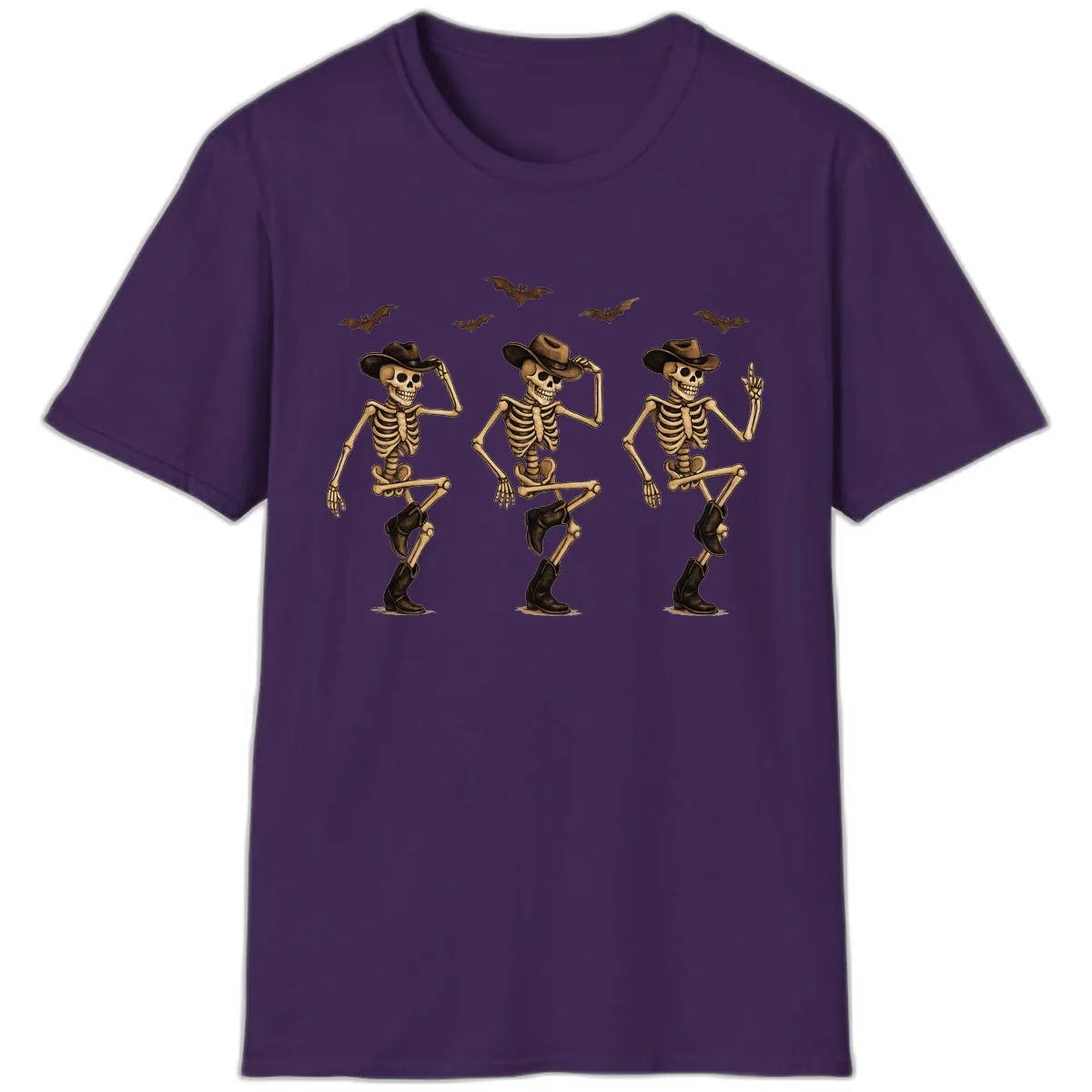Dancing Cowboy Skeletons Halloween T-Shirt in Purple