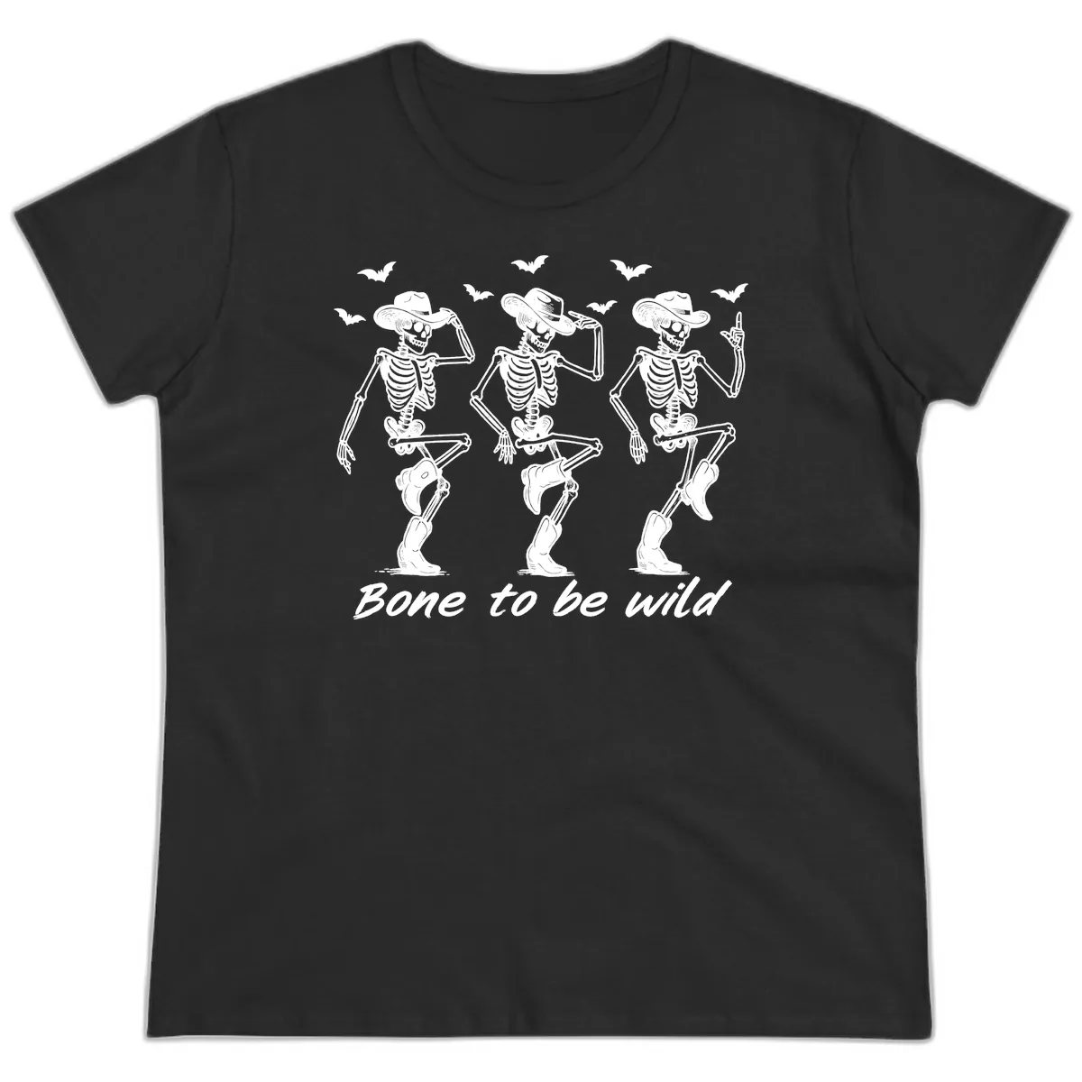 Bone To Be Wild Skeleton Cowboy Dance Ladies Tee in Black