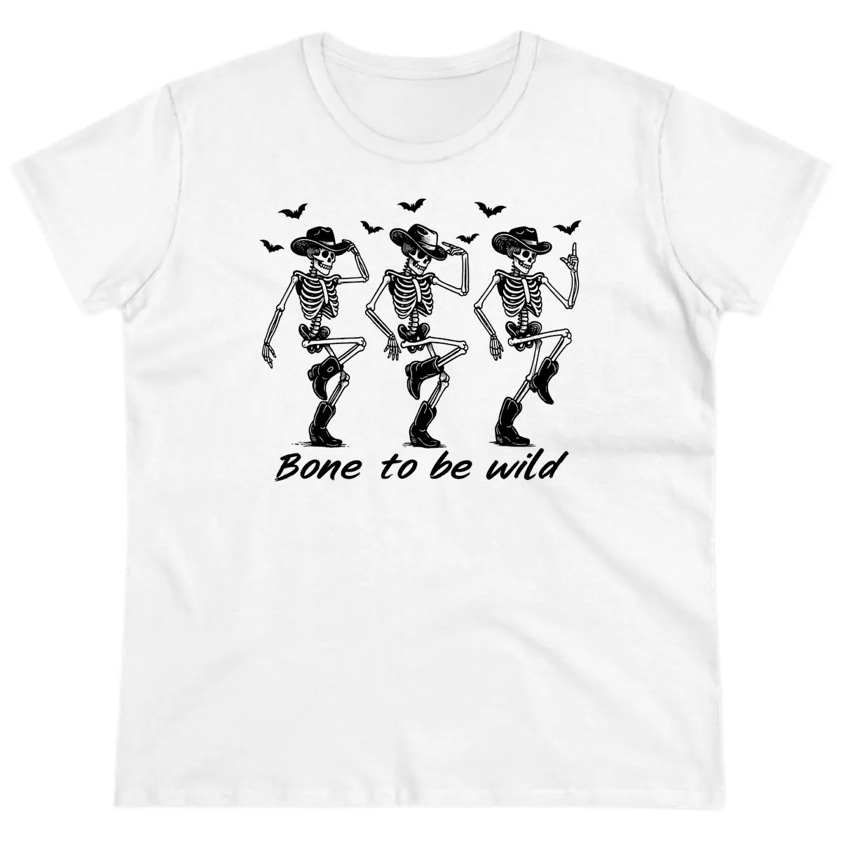 Bone To Be Wild Skeleton Cowboy Dance Ladies Tee in White