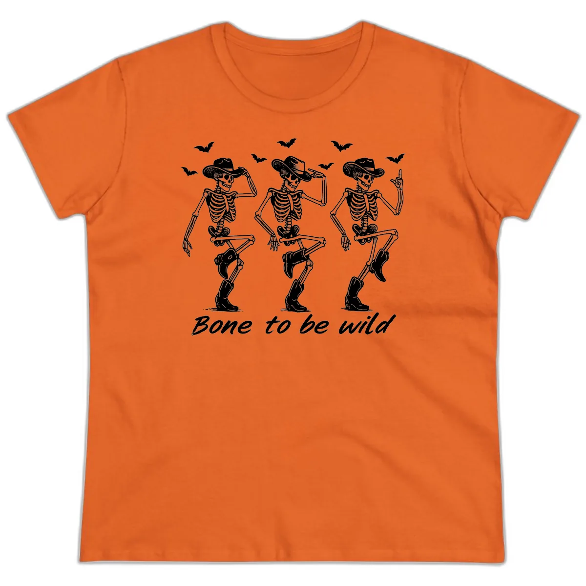 Bone To Be Wild Skeleton Cowboy Dance Ladies Tee in Orange