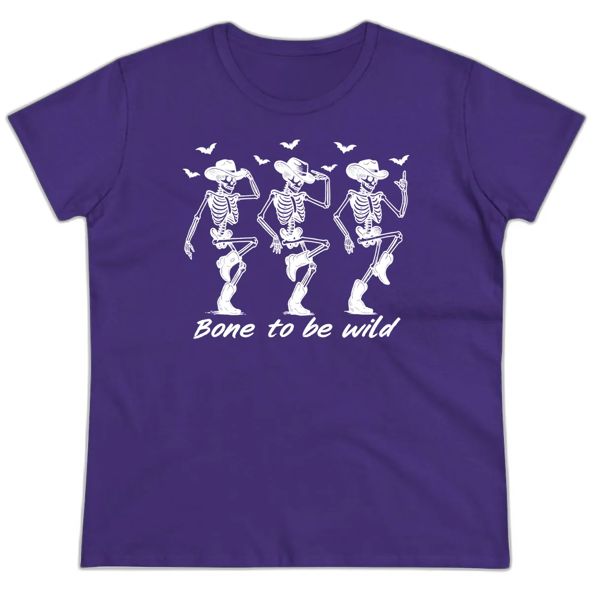 Bone To Be Wild Skeleton Cowboy Dance Ladies Tee in Purple