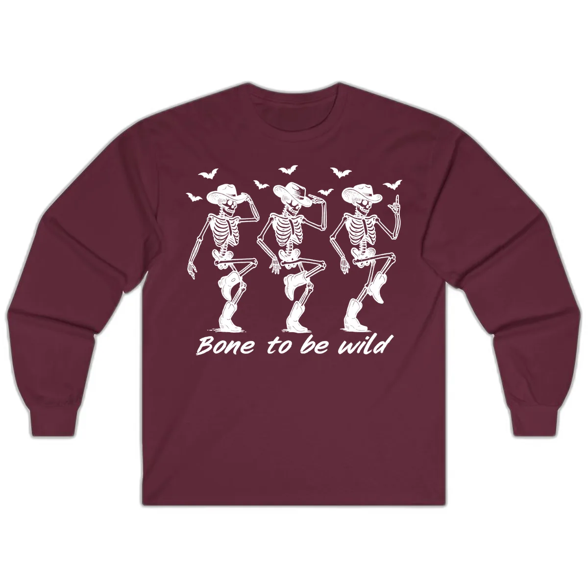 Bone To Be Wild Skeleton Cowboy Dance Long Sleeve in Maroon