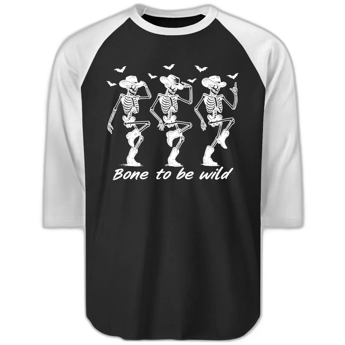 Bone To Be Wild Skeleton Cowboy Dance Raglan 3/4 in Black White