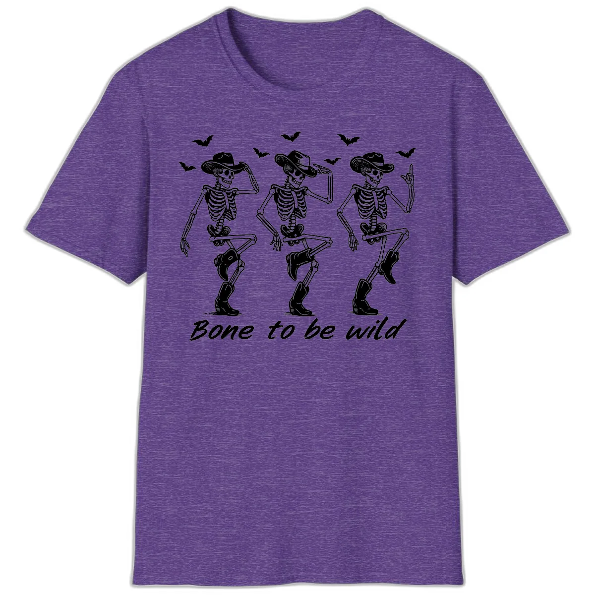 Bone To Be Wild Skeleton Cowboy Dance T-Shirt in Heather Purple