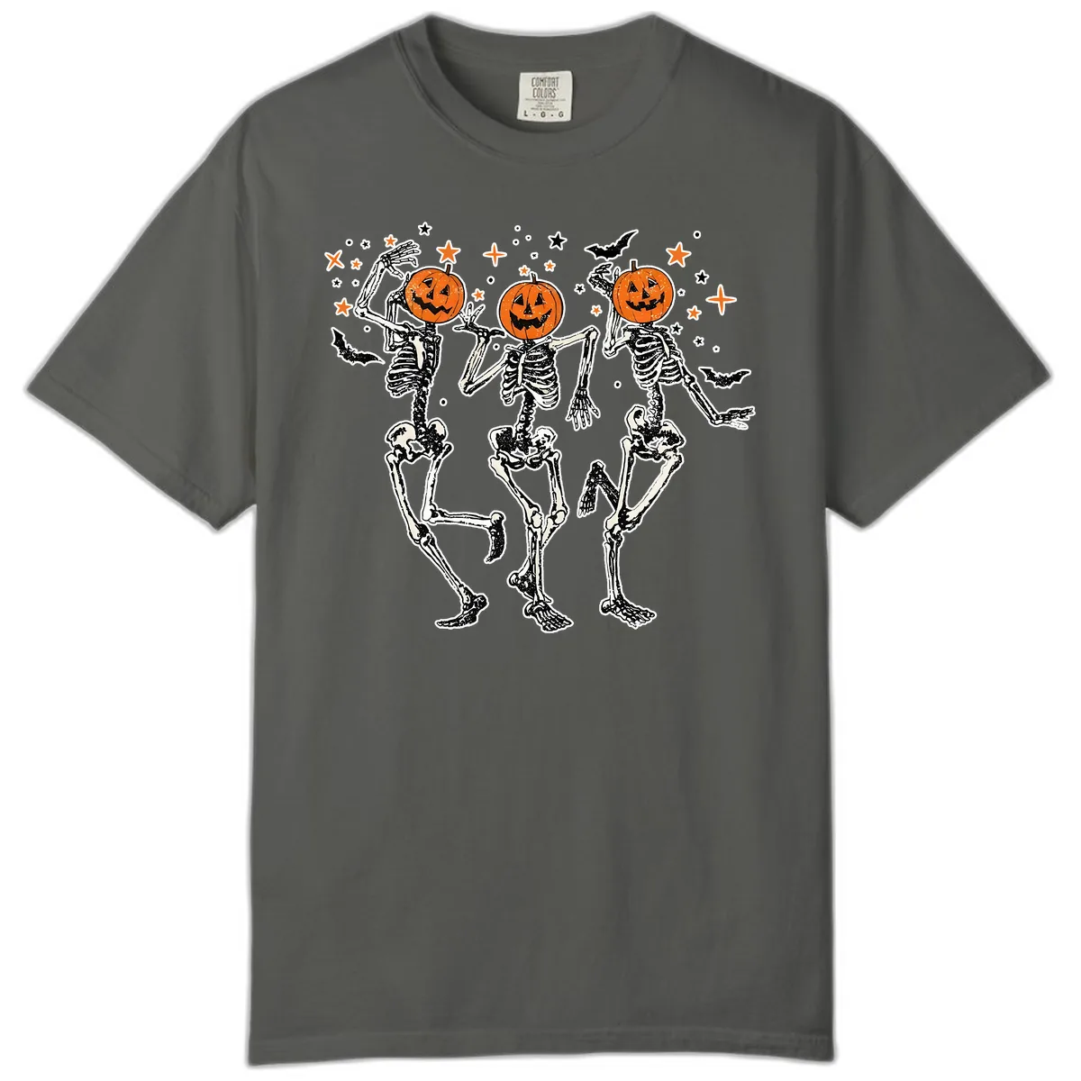 Dancing Skeletons With Pumpkin Heads Comfort Color in Pepper
