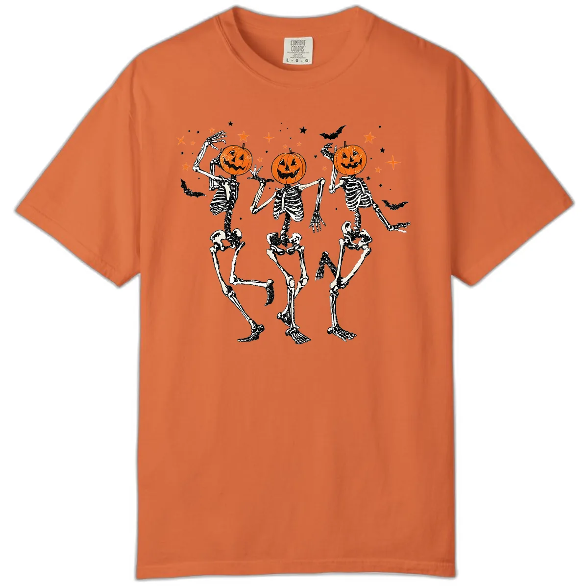 Dancing Skeletons With Pumpkin Heads Comfort Color in Burnt Orange