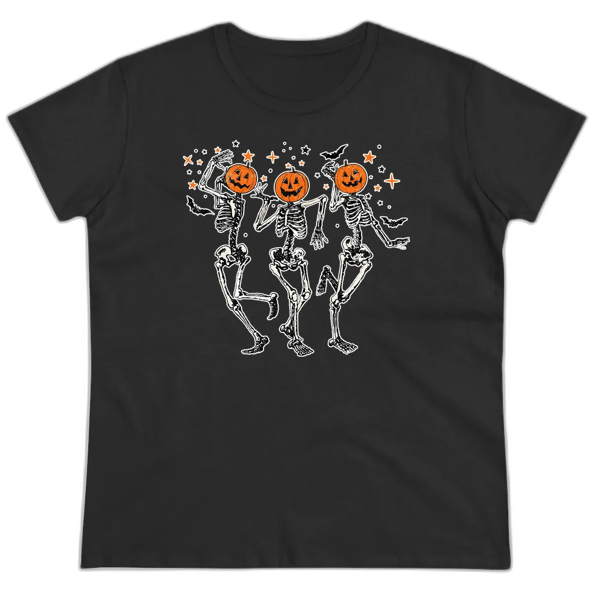 Dancing Skeletons With Pumpkin Heads Ladies Tee in Black