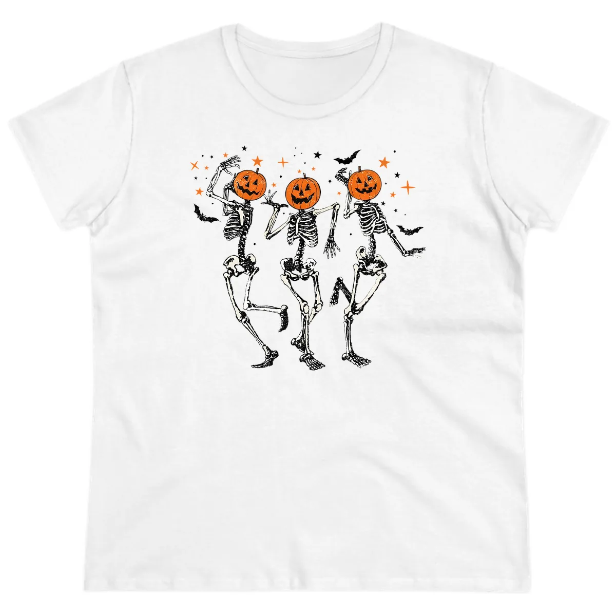 Dancing Skeletons With Pumpkin Heads Ladies Tee in White