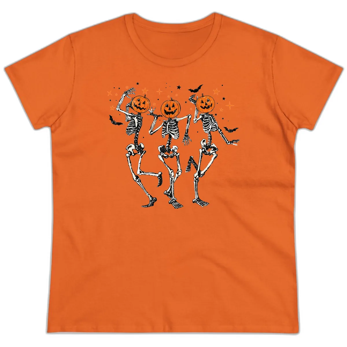 Dancing Skeletons With Pumpkin Heads Ladies Tee in Orange