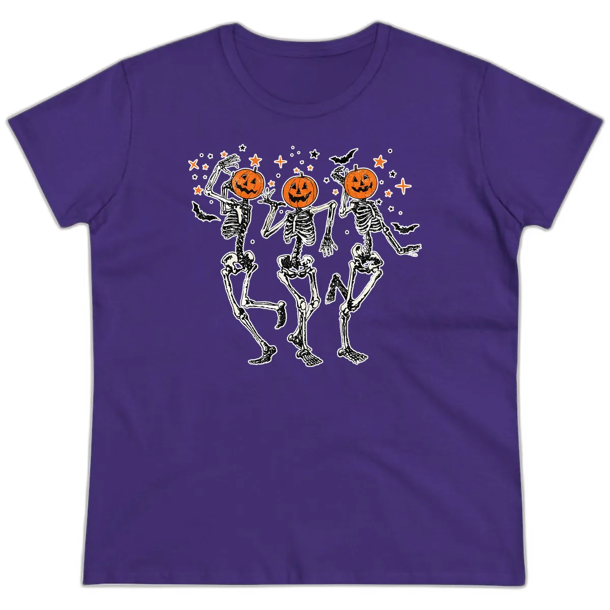 Dancing Skeletons With Pumpkin Heads Ladies Tee in Purple