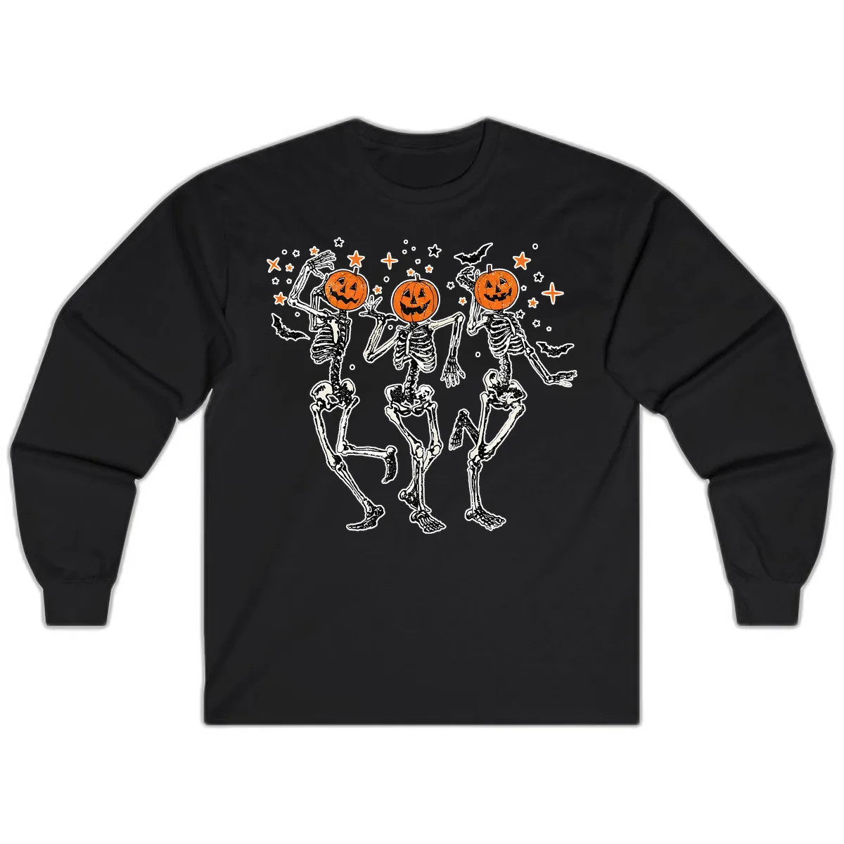 Dancing Skeletons With Pumpkin Heads Long Sleeve in Black