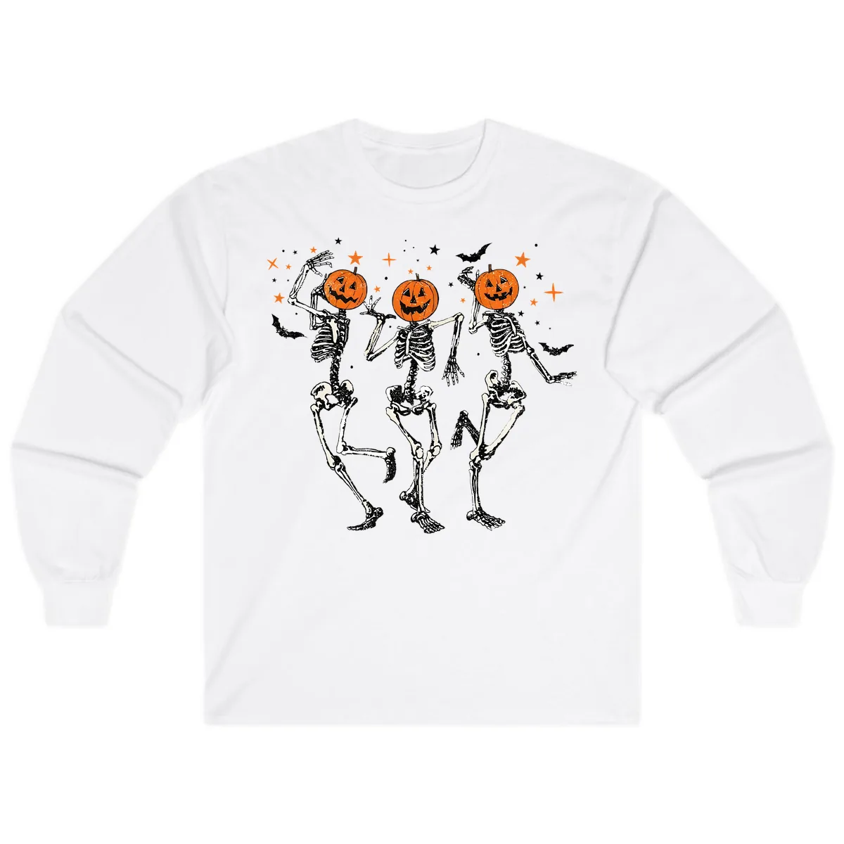 Dancing Skeletons With Pumpkin Heads Long Sleeve in White