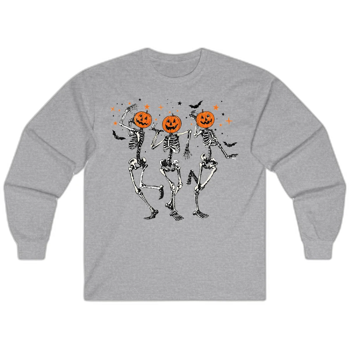 Dancing Skeletons With Pumpkin Heads Long Sleeve in Sport Grey
