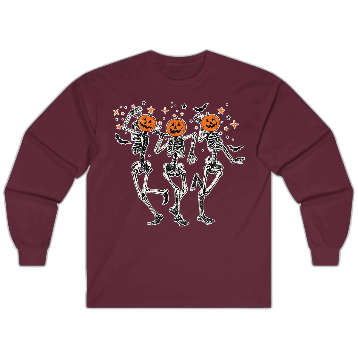 Dancing Skeletons With Pumpkin Heads Long Sleeve in Maroon