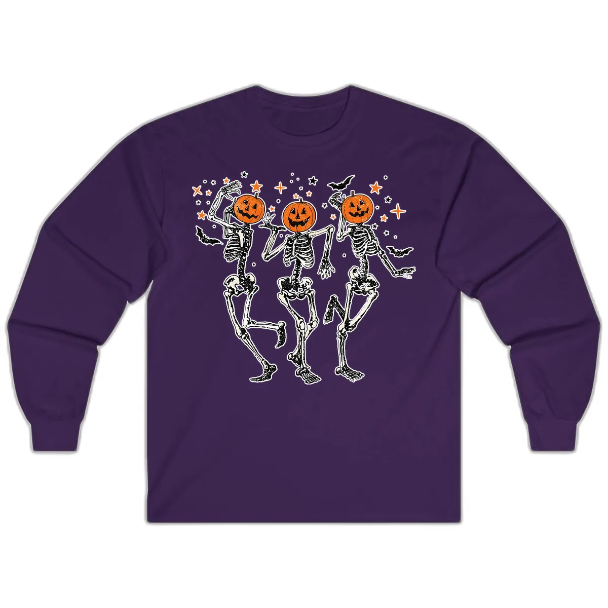 Dancing Skeletons With Pumpkin Heads Long Sleeve in Purple
