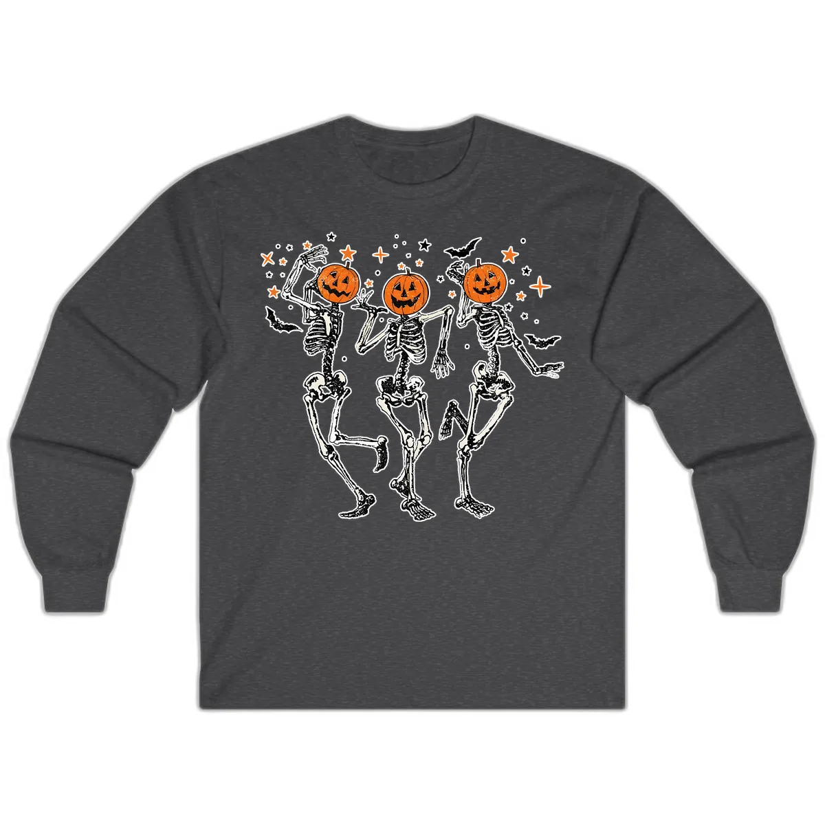 Dancing Skeletons With Pumpkin Heads Long Sleeve in Dark Heather