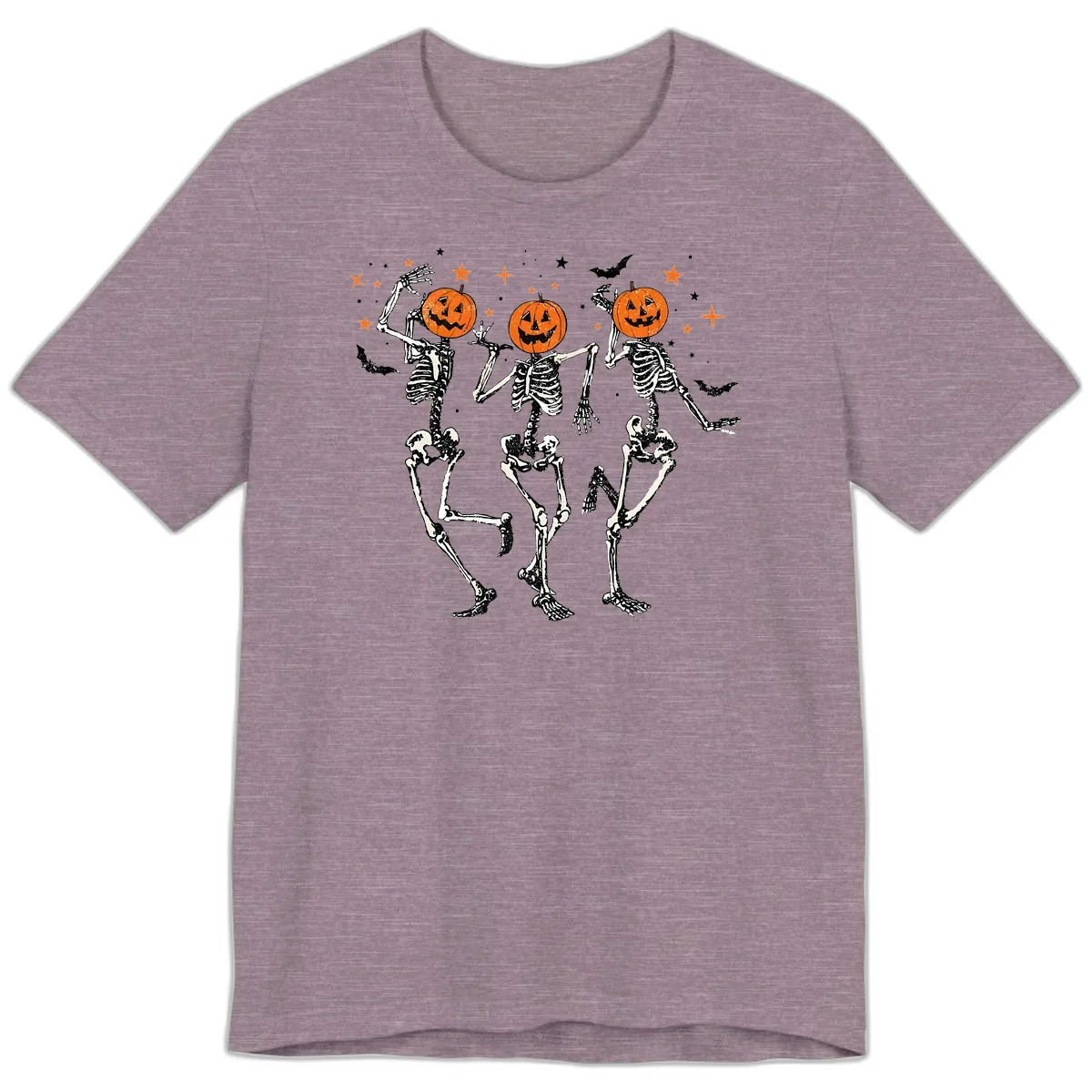 Dancing Skeletons With Pumpkin Heads Premium T-Shirt in Heather Purple