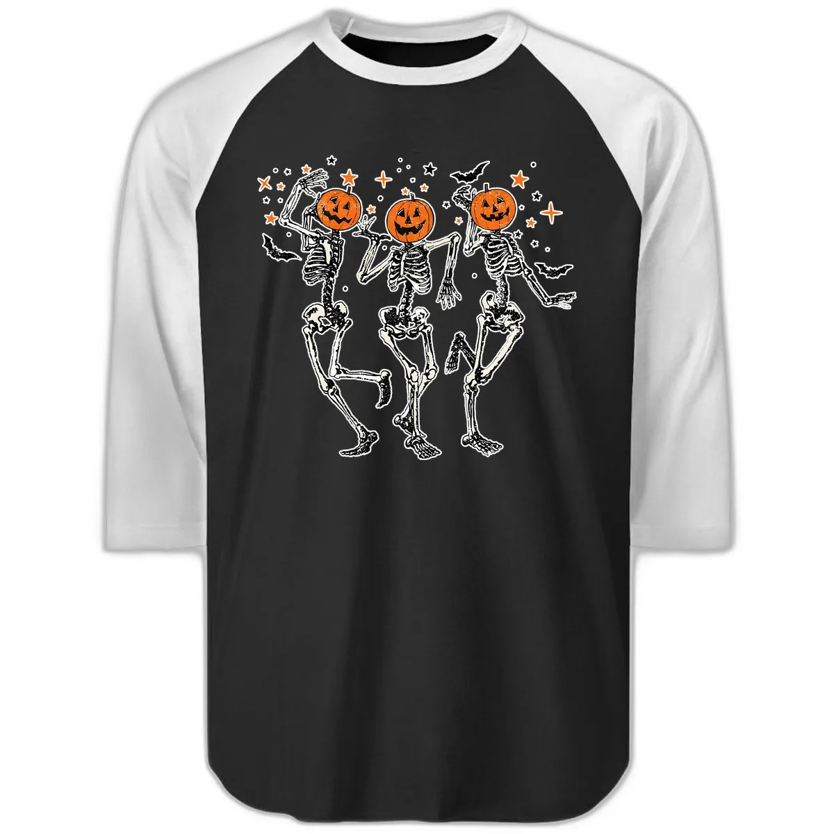 Dancing Skeletons With Pumpkin Heads Raglan 3/4 in Black White