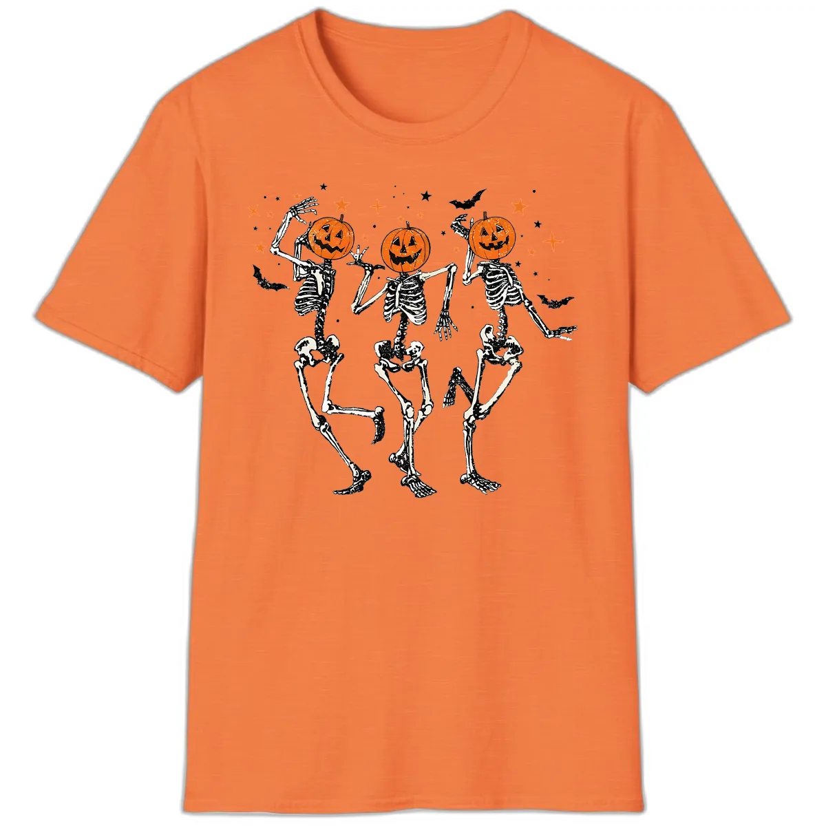 Dancing Skeletons With Pumpkin Heads T-Shirt in Heather Orange