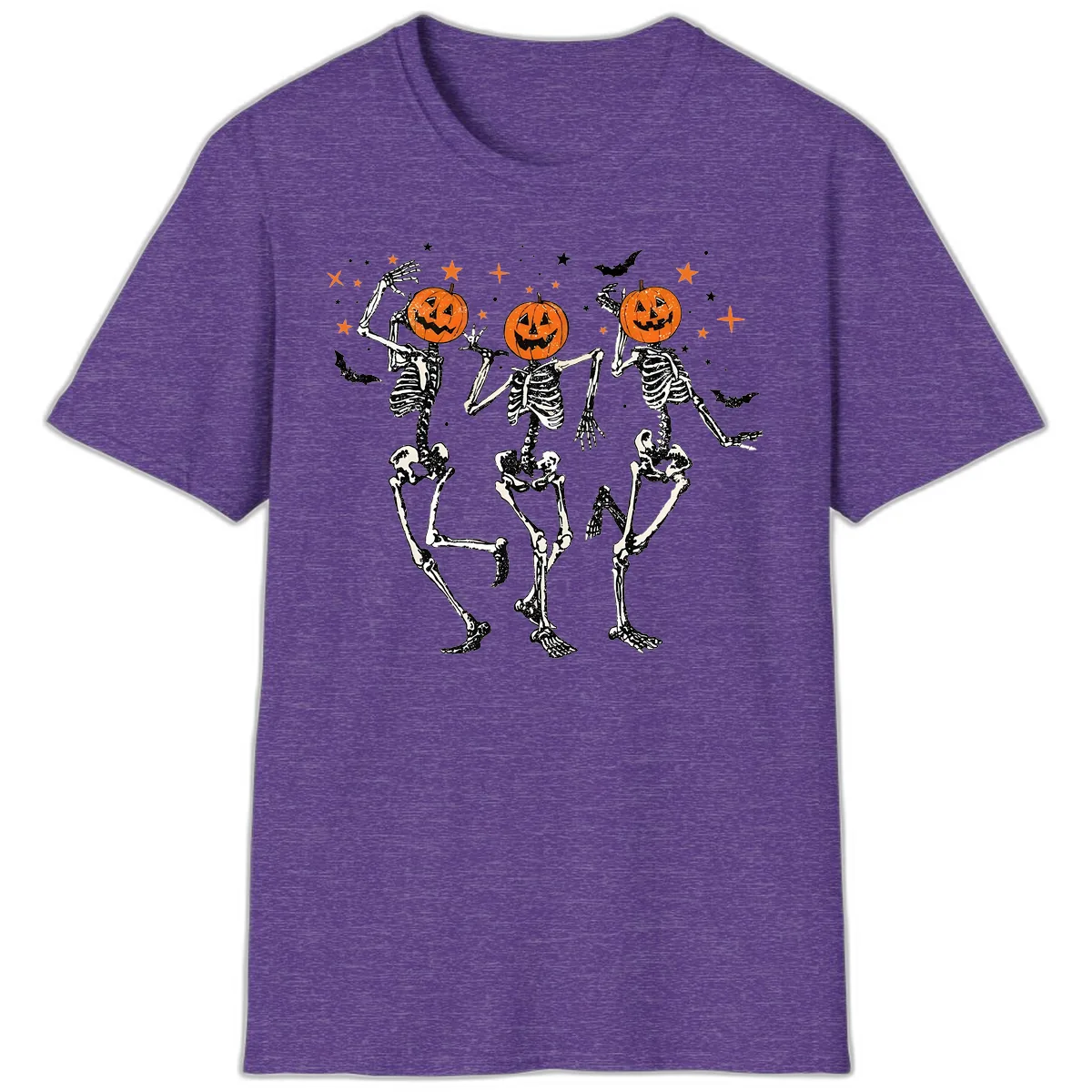 Dancing Skeletons With Pumpkin Heads T-Shirt in Heather Purple
