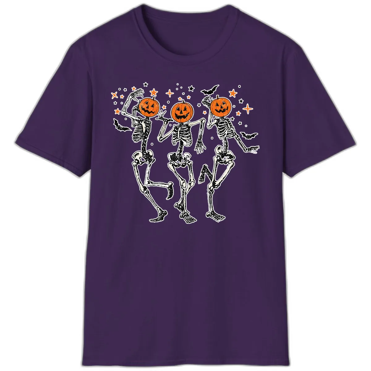 Dancing Skeletons With Pumpkin Heads T-Shirt in Purple