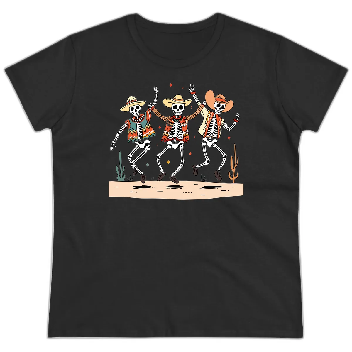 Dancing Skeletons Fiesta Ladies Tee in Black