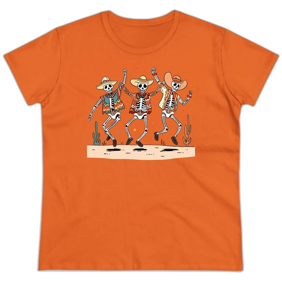 Dancing Skeletons Fiesta Ladies Tee in Orange