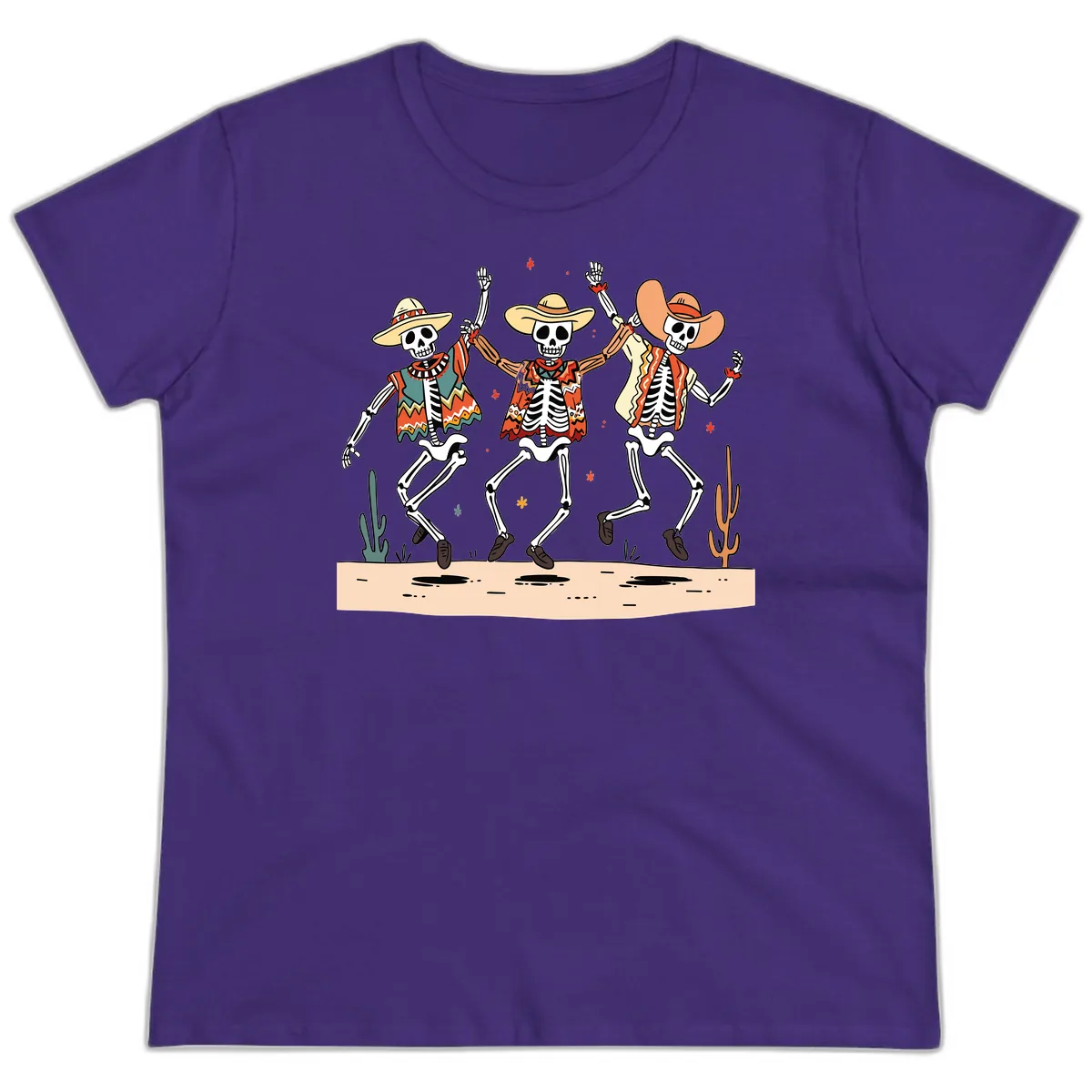 Dancing Skeletons Fiesta Ladies Tee in Purple