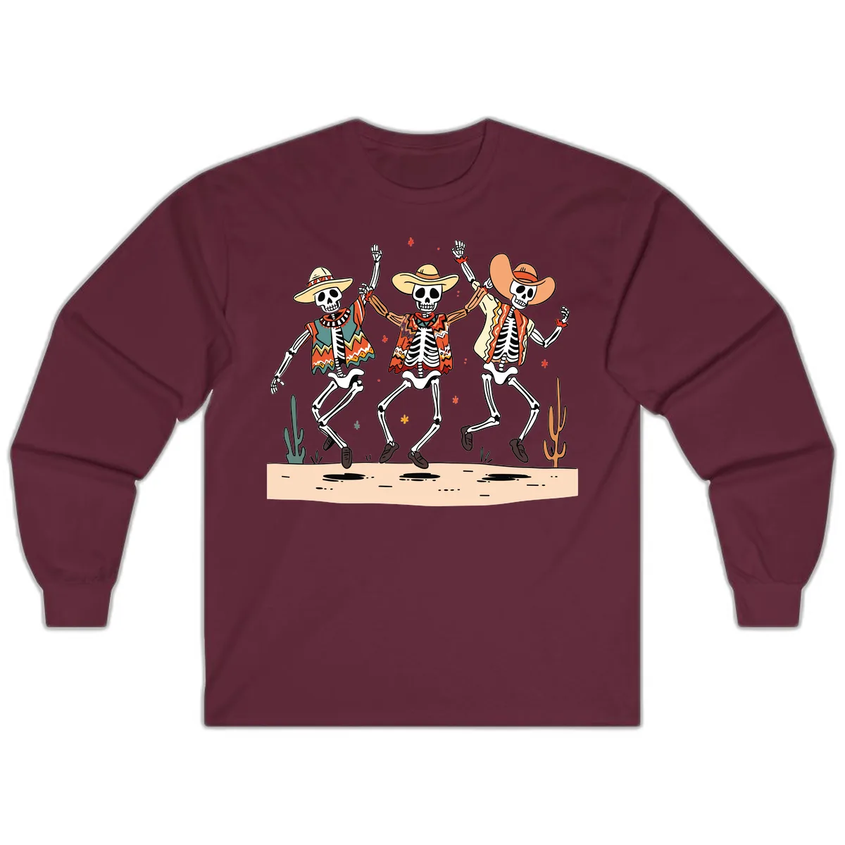 Dancing Skeletons Fiesta Long Sleeve in Maroon