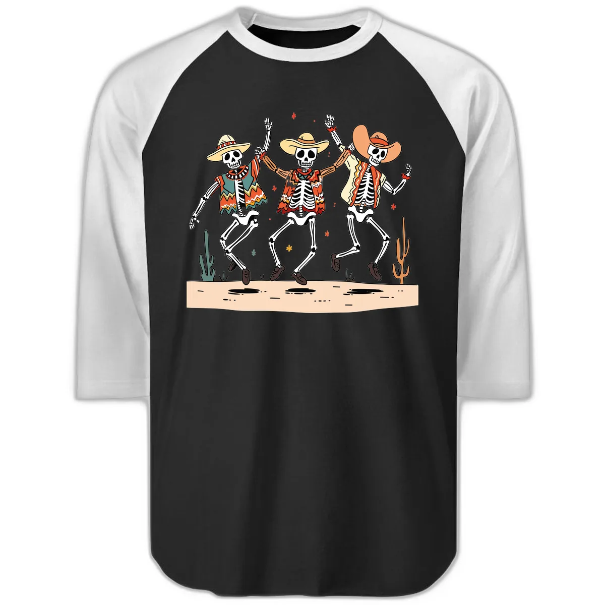 Dancing Skeletons Fiesta Raglan 3/4 in Black White