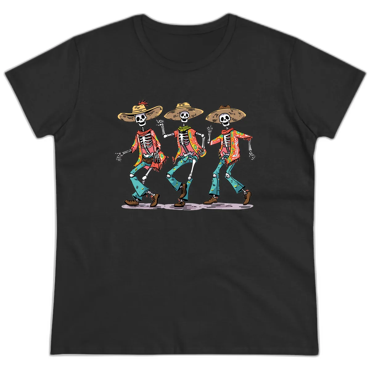 Dancing Skeletons Fiesta Style Ladies Tee in Black