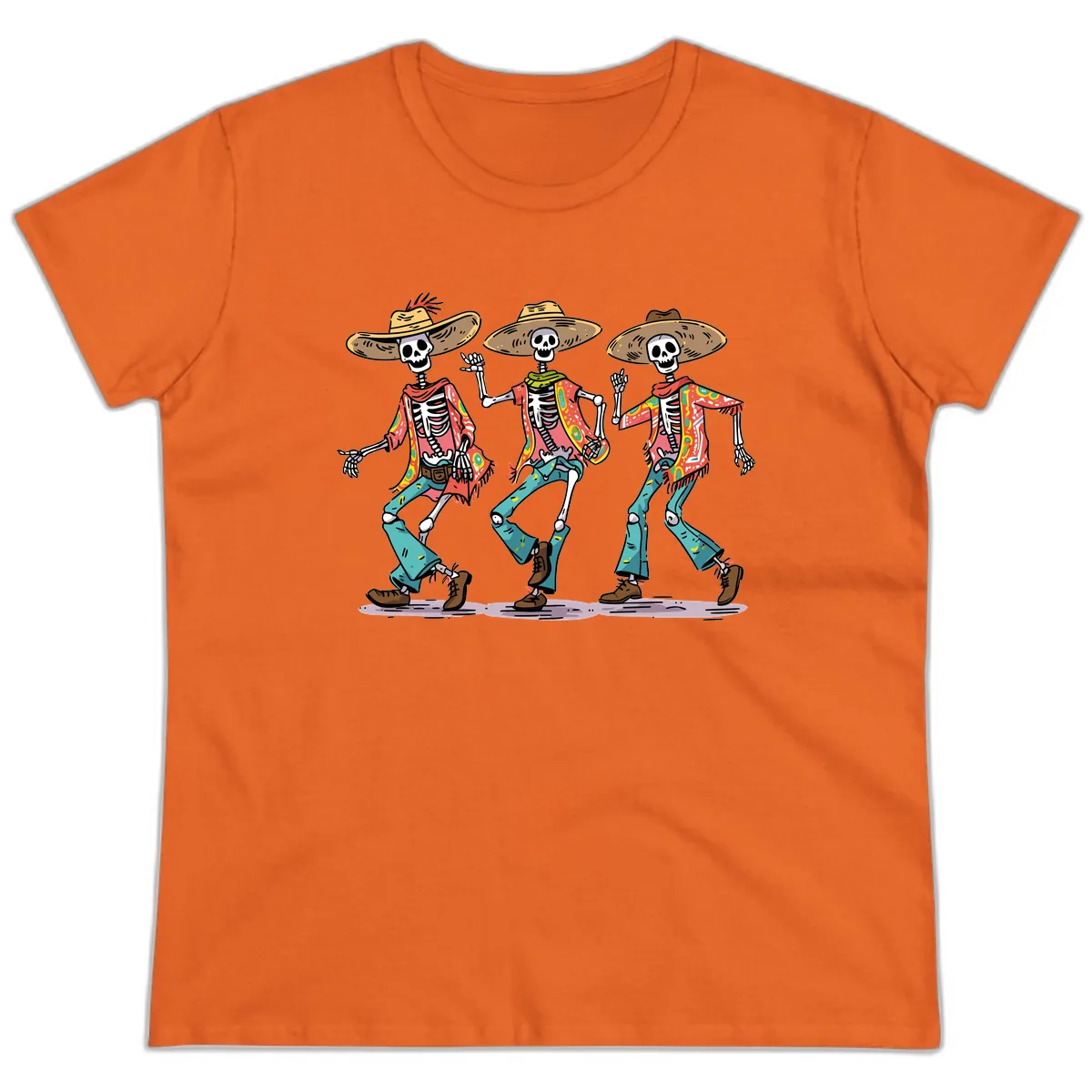 Dancing Skeletons Fiesta Style Ladies Tee in Orange