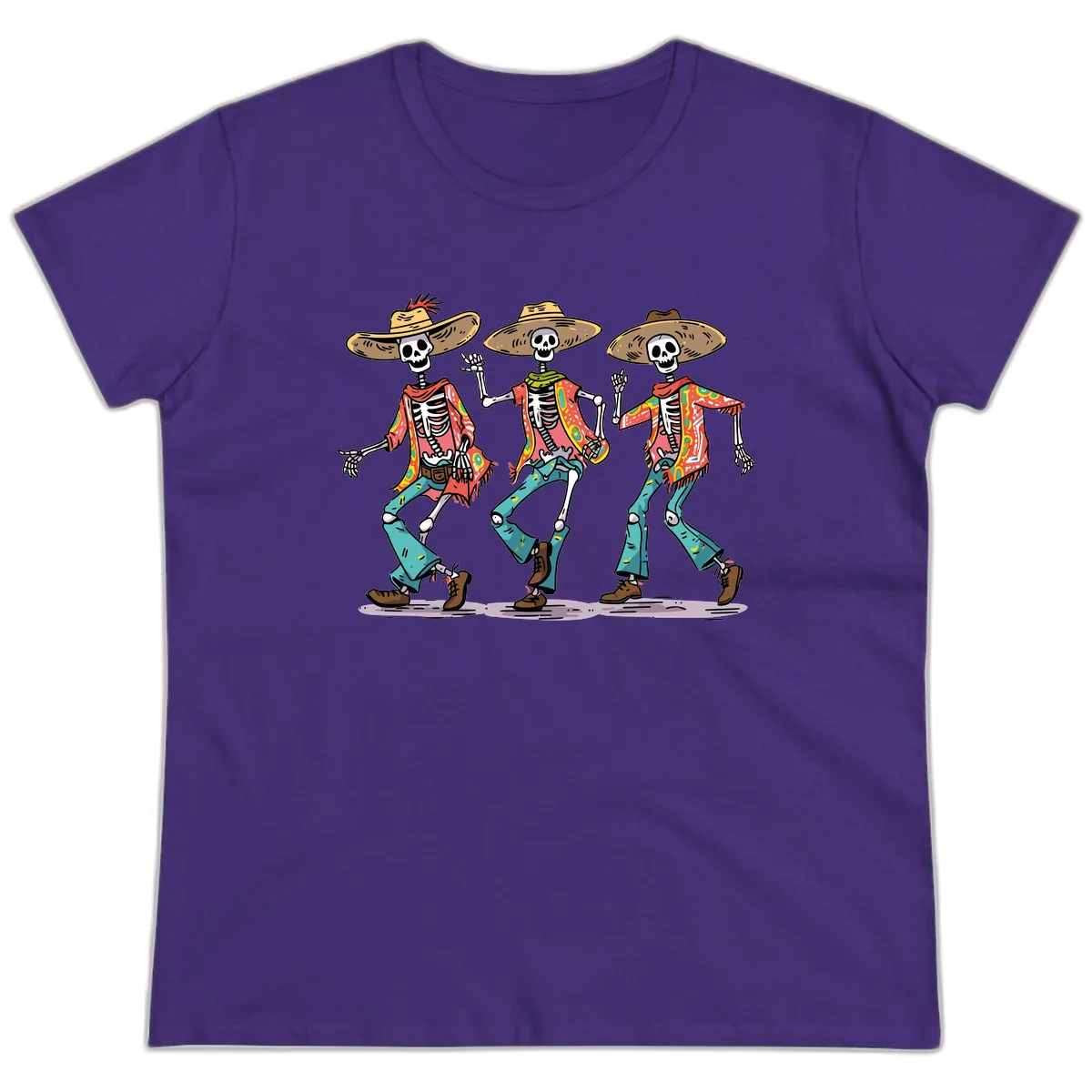 Dancing Skeletons Fiesta Style Ladies Tee in Purple