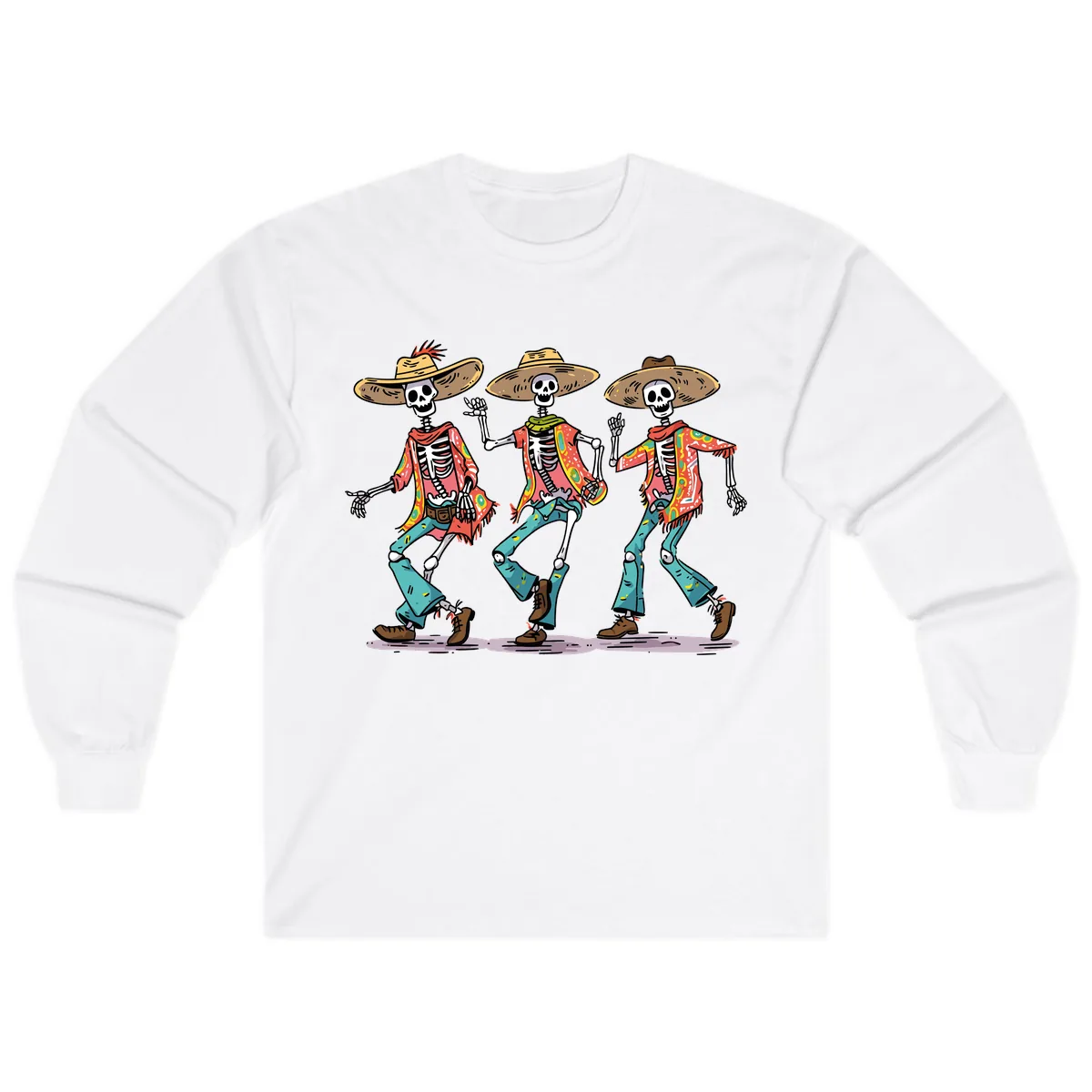 Dancing Skeletons Fiesta Style Long Sleeve in White