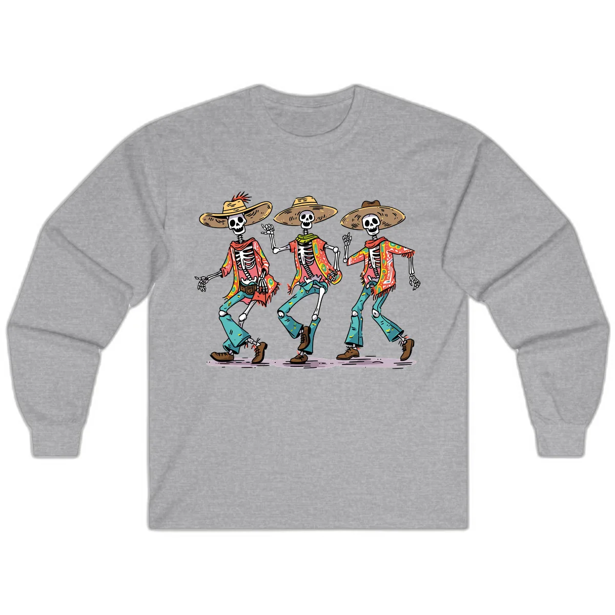 Dancing Skeletons Fiesta Style Long Sleeve in Sport Grey
