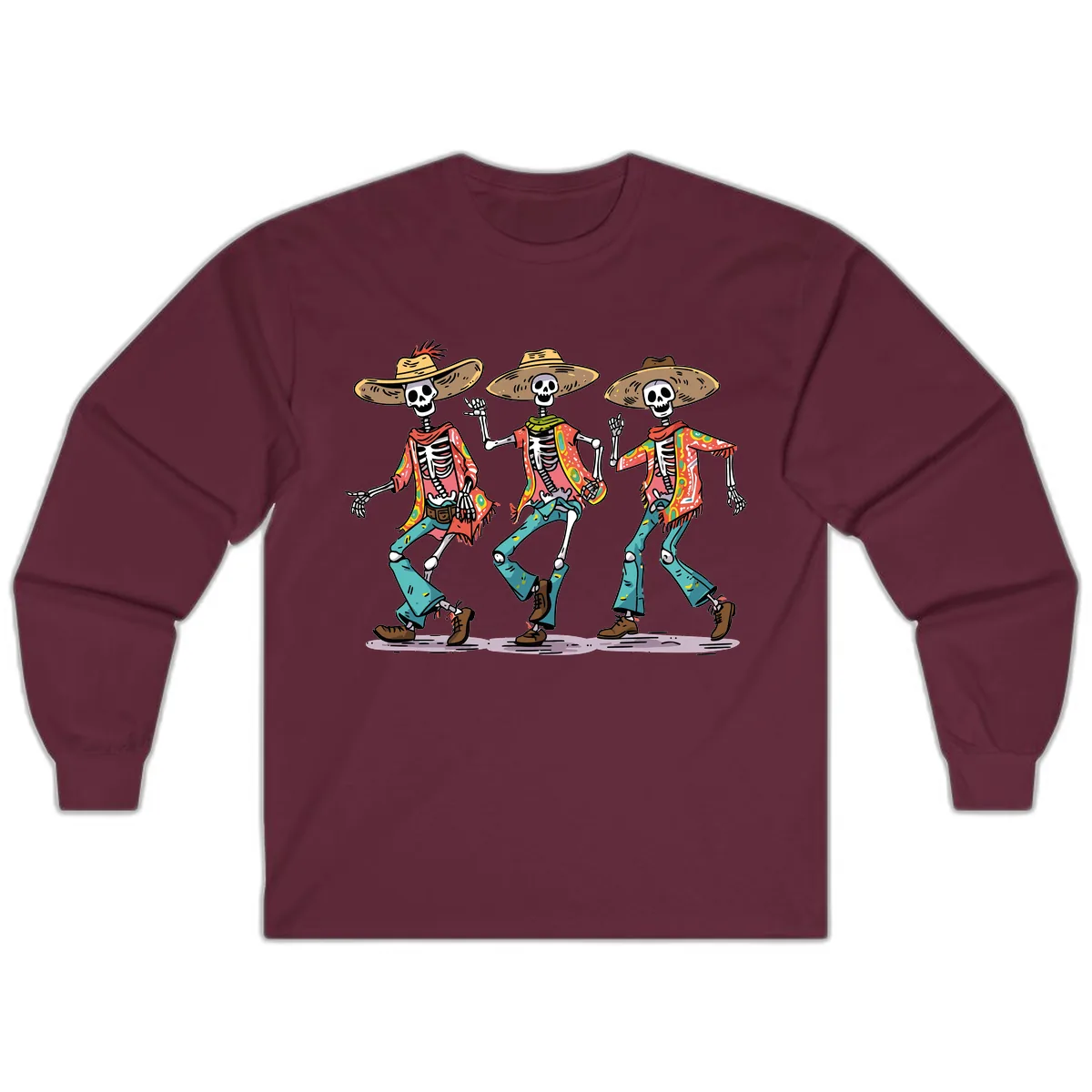 Dancing Skeletons Fiesta Style Long Sleeve in Maroon