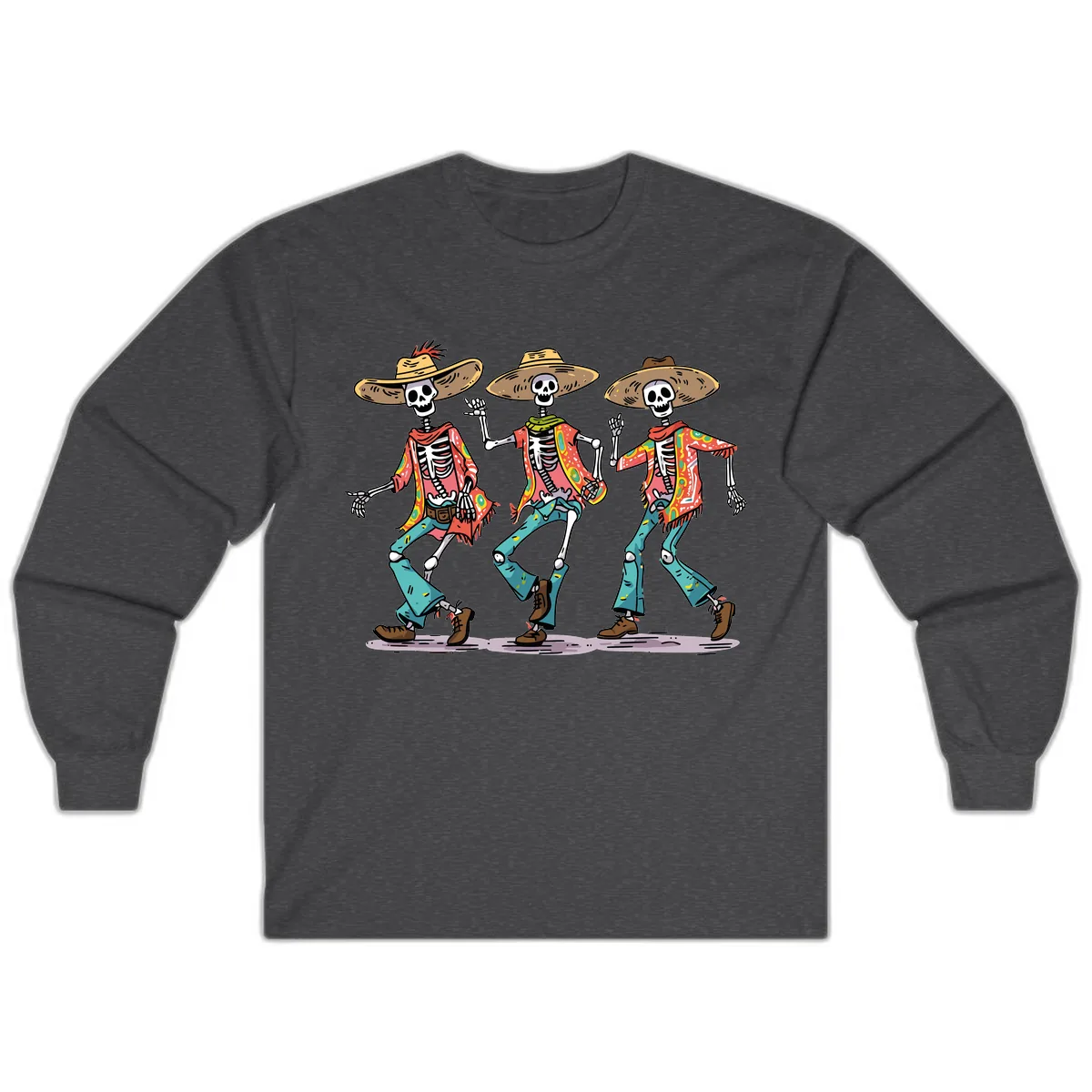 Dancing Skeletons Fiesta Style Long Sleeve in Dark Heather