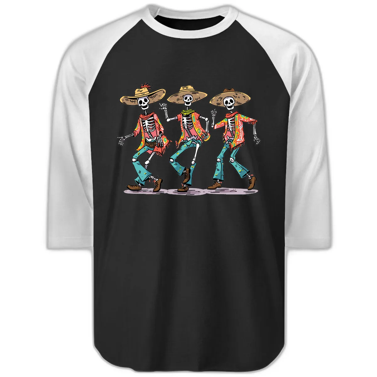 Dancing Skeletons Fiesta Style Raglan 3/4 in Black White