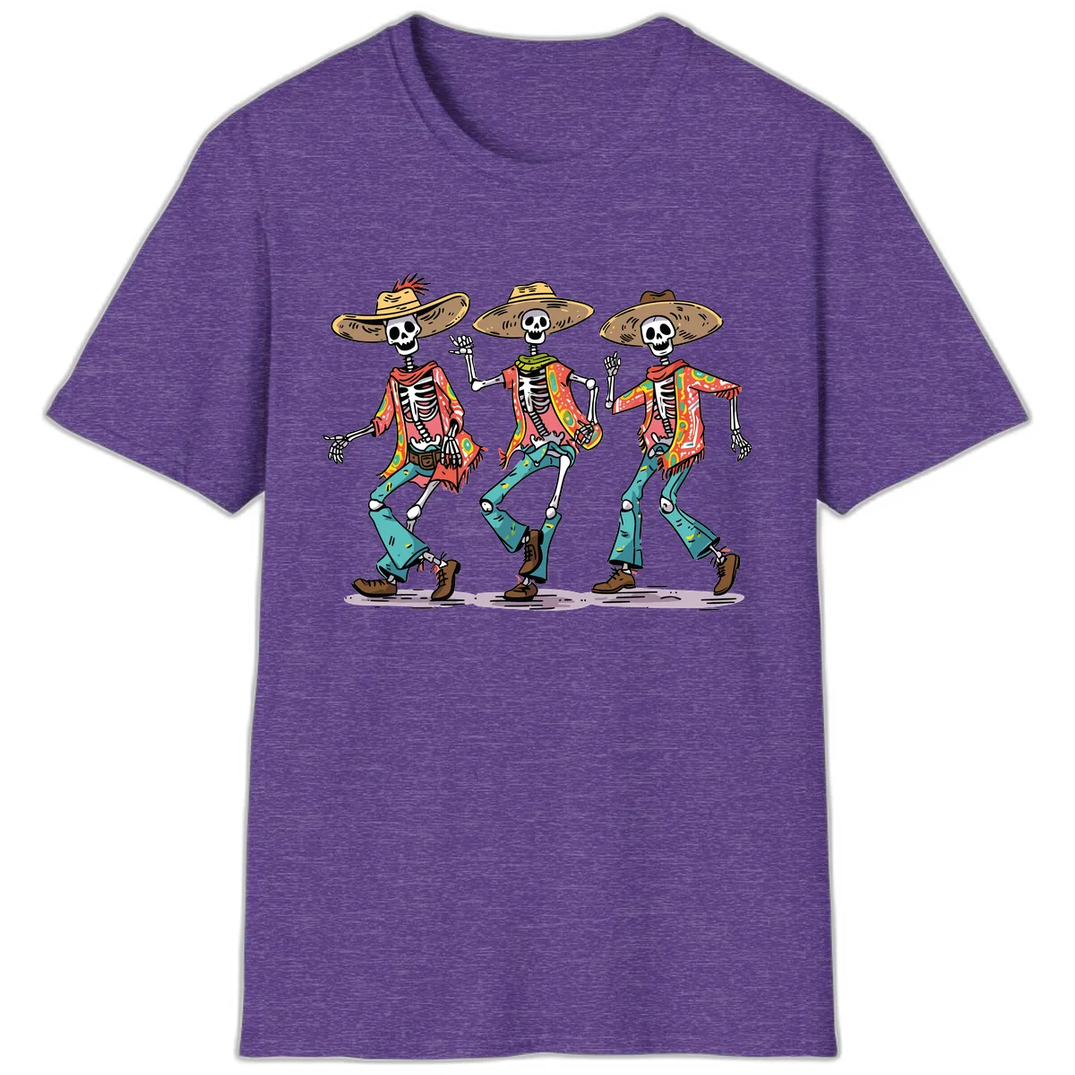 Dancing Skeletons Fiesta Style T-Shirt in Heather Purple