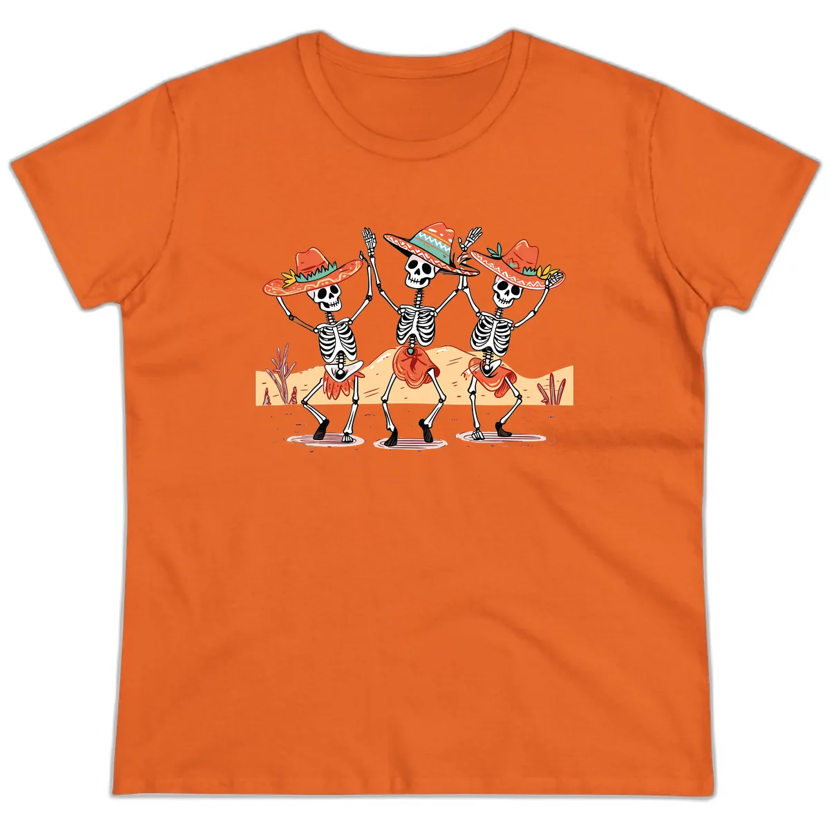 Dancing Skeletons Fiesta Ladies Tee in Orange