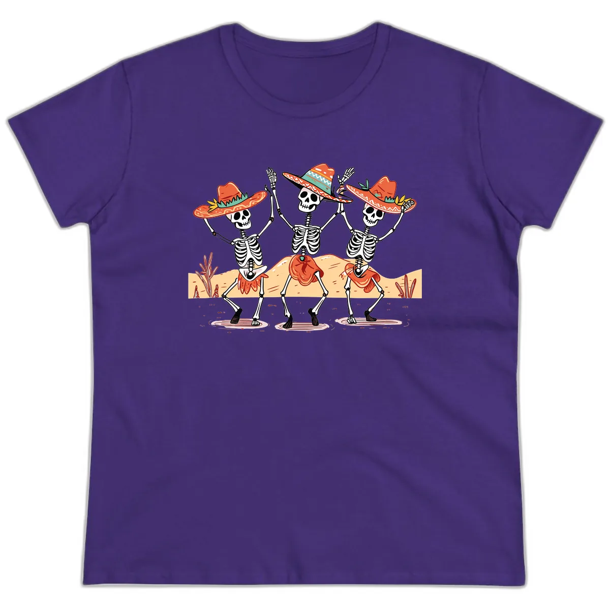 Dancing Skeletons Fiesta Ladies Tee in Purple