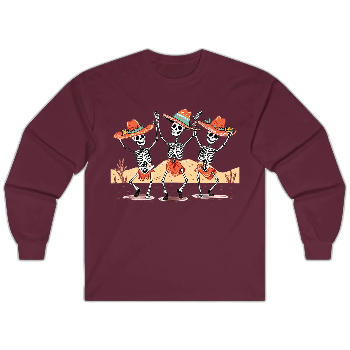 Dancing Skeletons Fiesta Long Sleeve in Maroon