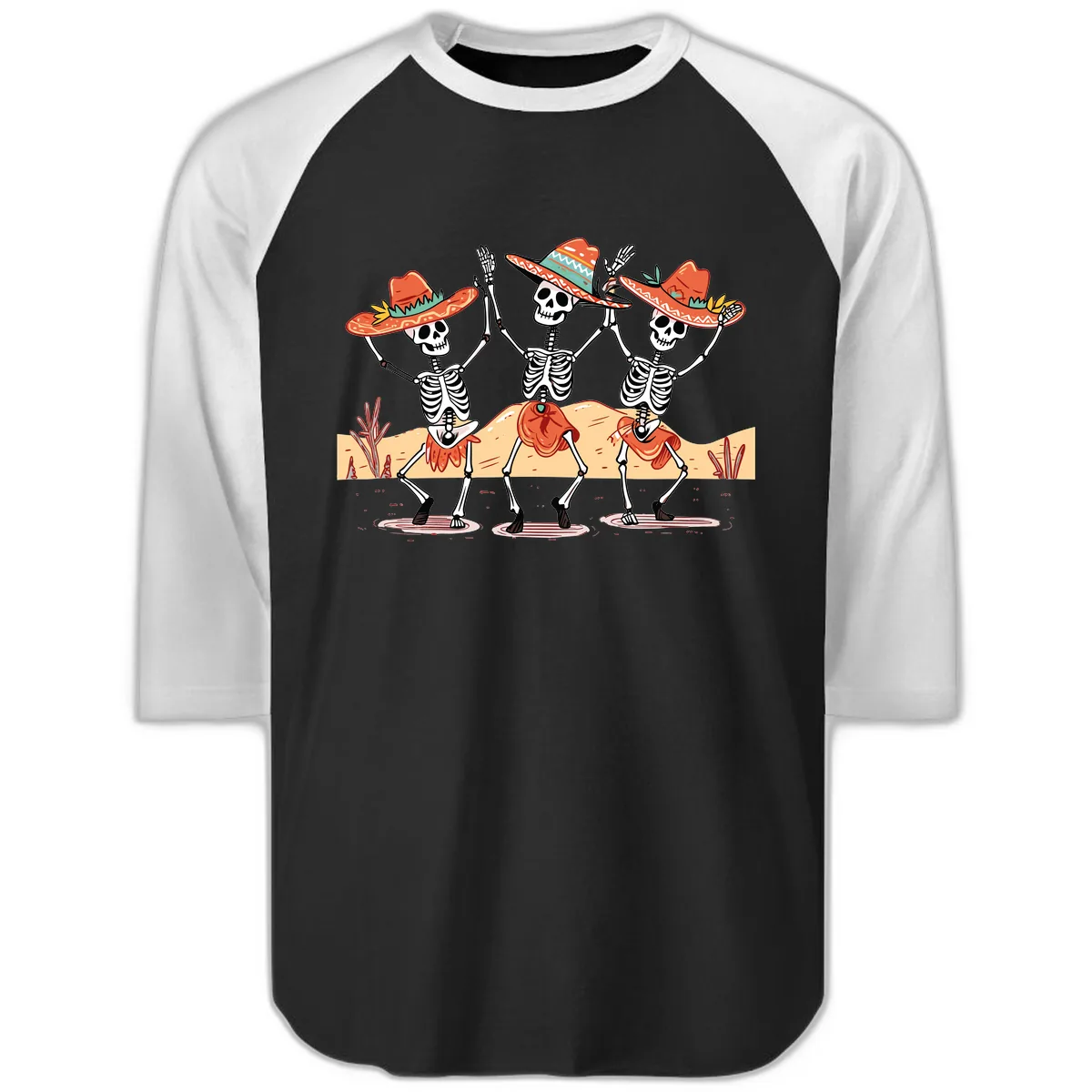 Dancing Skeletons Fiesta Raglan 3/4 in Black White