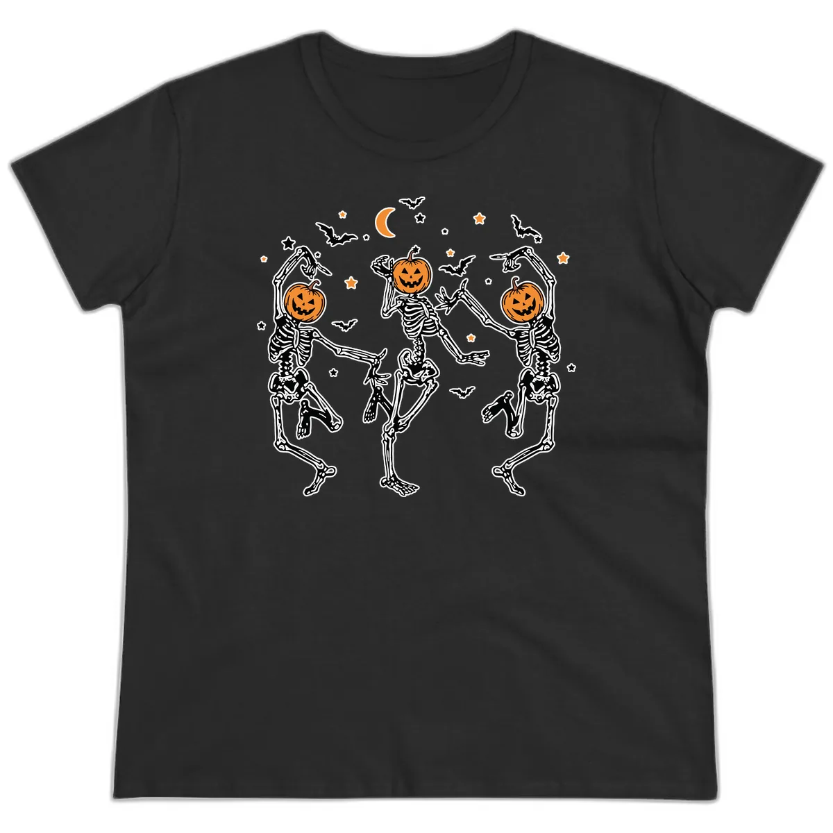Dancing Skeletons With Pumpkin Heads Ladies Tee in Black