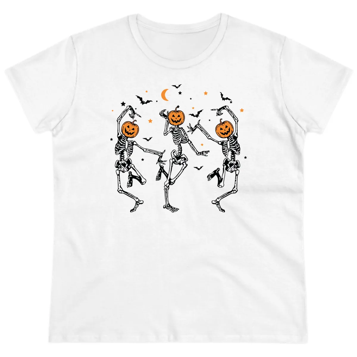 Dancing Skeletons With Pumpkin Heads Ladies Tee in White