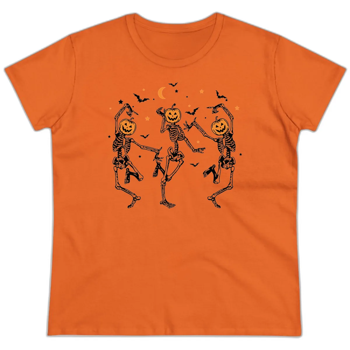 Dancing Skeletons With Pumpkin Heads Ladies Tee in Orange