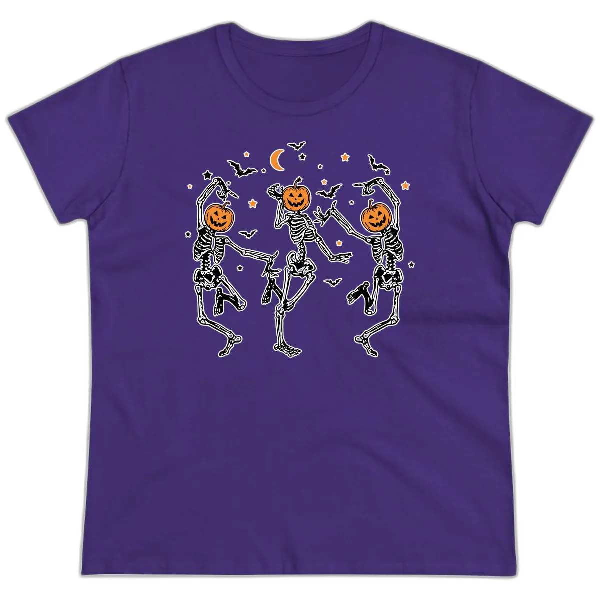 Dancing Skeletons With Pumpkin Heads Ladies Tee in Purple