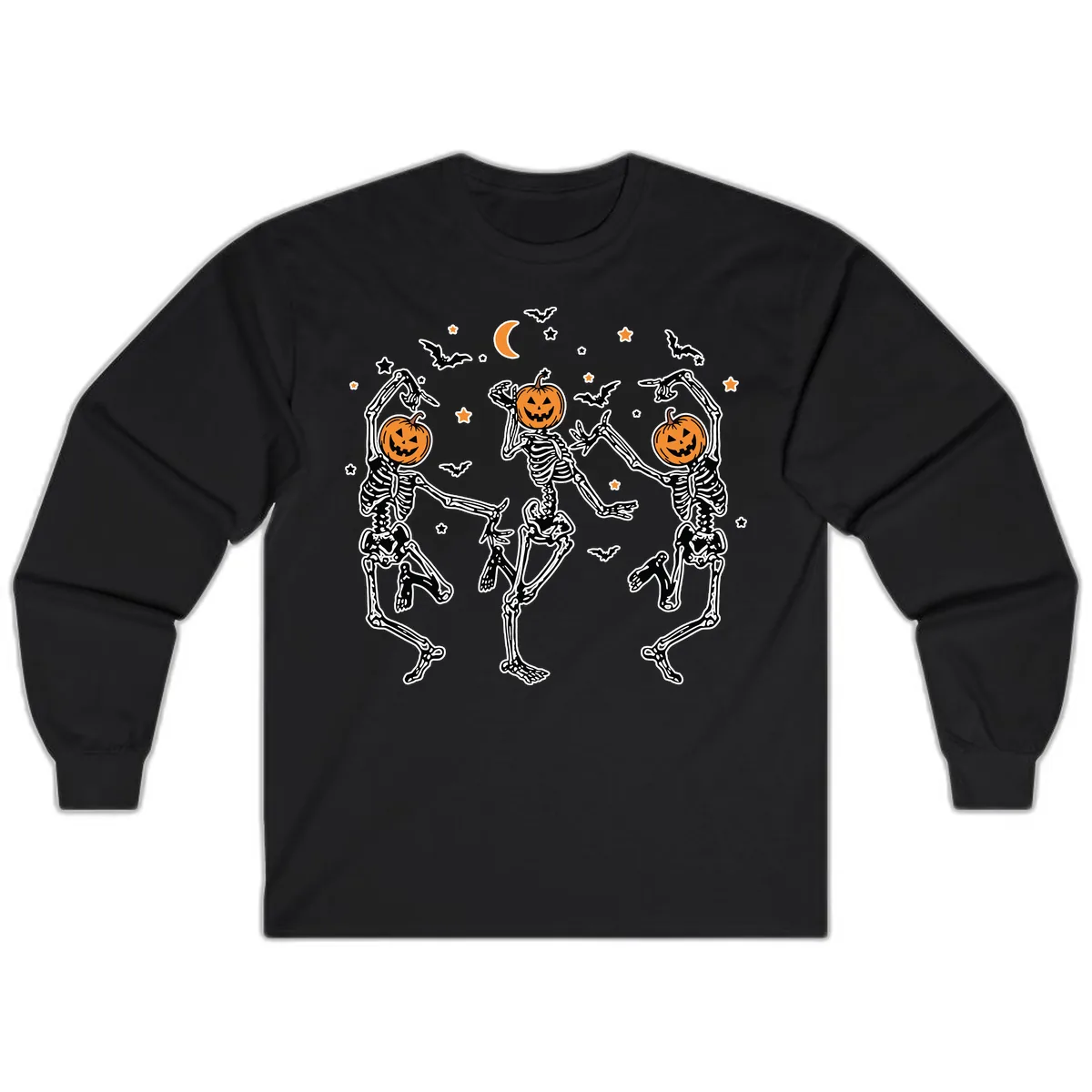 Dancing Skeletons With Pumpkin Heads Long Sleeve in Black