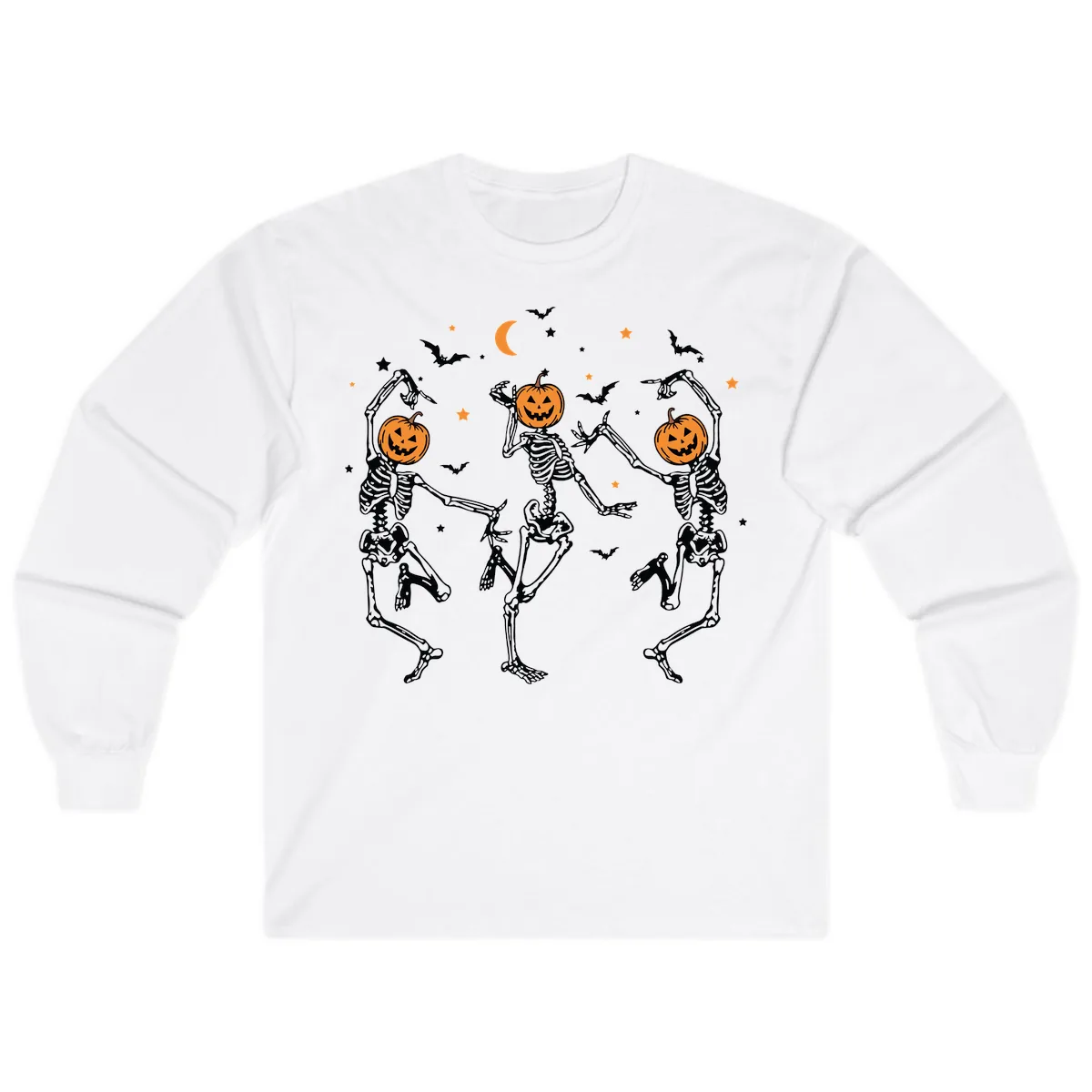 Dancing Skeletons With Pumpkin Heads Long Sleeve in White