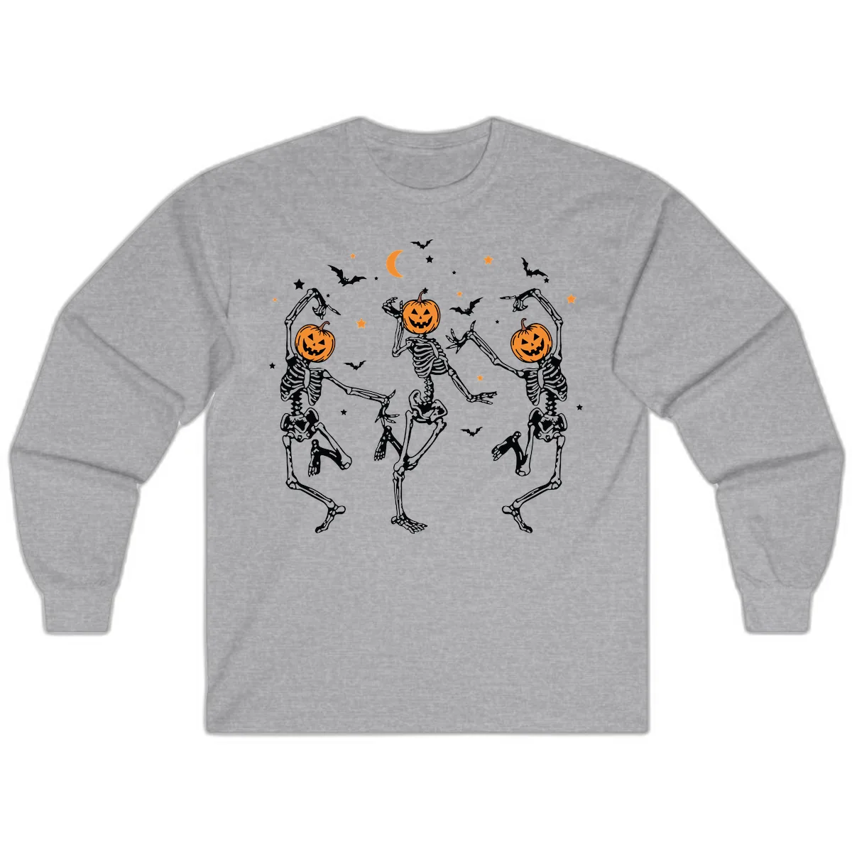 Dancing Skeletons With Pumpkin Heads Long Sleeve in Sport Grey
